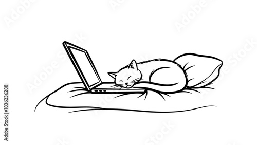 Sleepy cat resting on laptop, cozy home environment, adorable pet moment, tranquil atmosphere, copy space