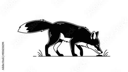 Elegant black and white fox hunts for food in minimalist design perfect for branding and logos