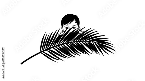 Child hiding behind a palm leaf in a simple silhouette style, copy space