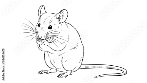 Adorable sketched mouse with big ears and long whiskers eating cutely, charming for storybooks and educational materials