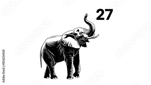 Majestic elephant illustration with number 27 for creative designs and educational resources about wildlife