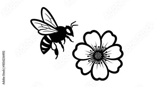 Elegant bee approaching vibrant flower, perfect for nature-themed designs and springtime marketing campaigns