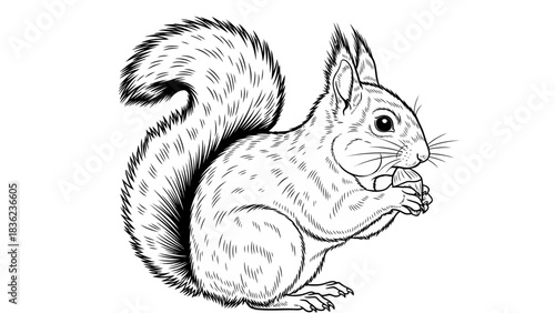 Adorable squirrel enjoying a nut with detailed engraving, perfect for vintage designs or educational resources