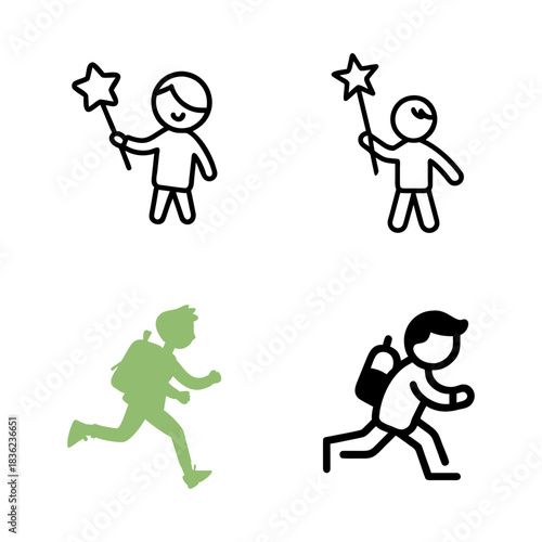 Four simple outline illustrations show stick figures. The top two figures hold star-tipped wands