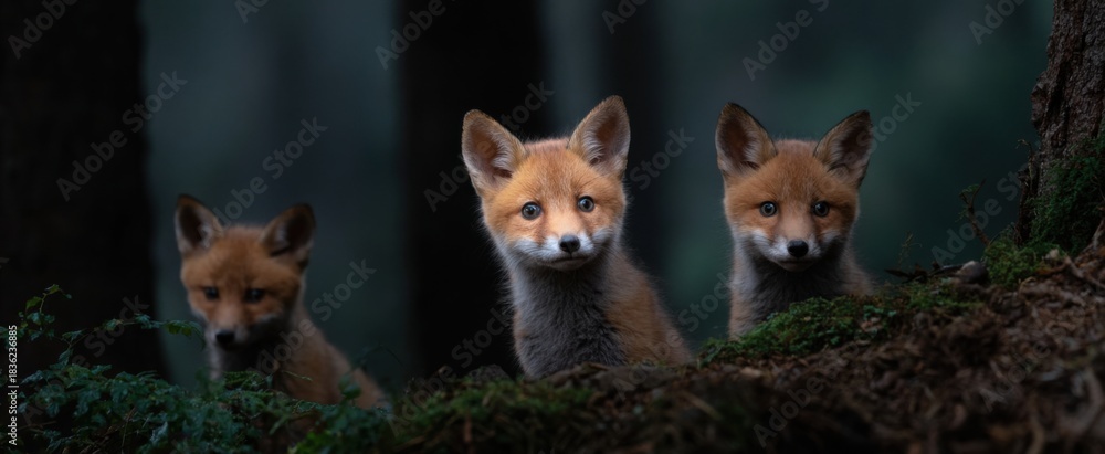 Obraz premium Curious fox kits checking out the woodland ground early in the morning light