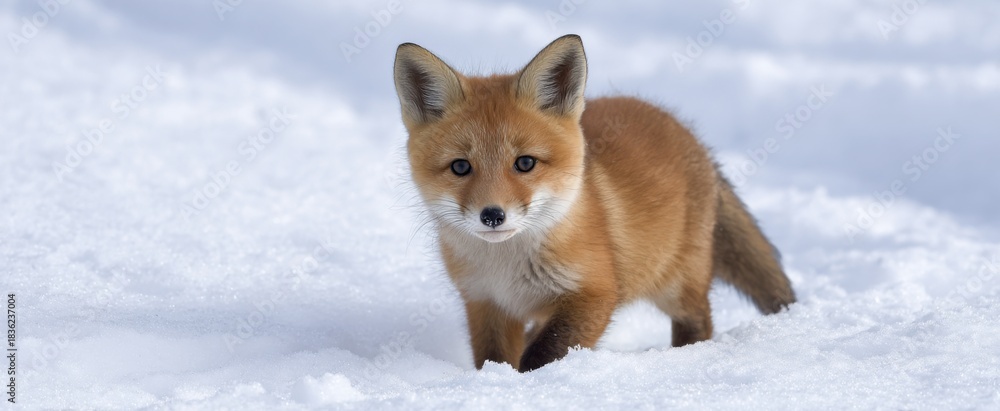 Fototapeta premium Fox kit joyfully checking out the snowy terrain and white frozen surface.