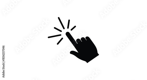 Black silhouette of a hand finger pointing and clicking with radiating lines indicating action against a white background.