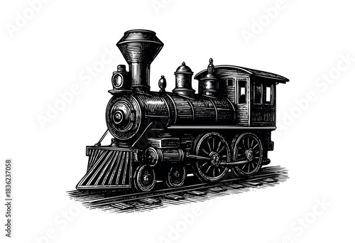 Vintage engraved illustration of a steam train locomotive — stock vector.