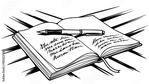 Open journal with handwritten notes, creative expression, reflective moment, cozy setting, copy space