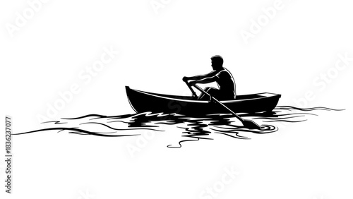 Person rowing in boat, energetic movement, rippling water surface, outdoor adventure, copy space