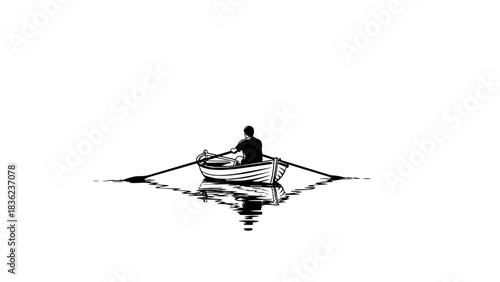 Man rowing small boat solo 