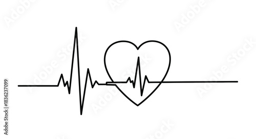 Continuous heartbeat line integrated with a heart symbol in minimalist ECG style