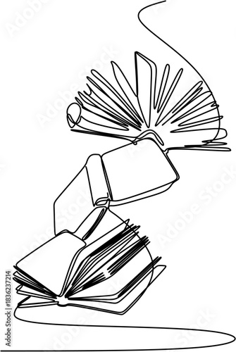 Continuous line drawing. Set of continuous one-line drawing illustrations of open and closed books. Minimalist graphic concept for reading, education, literature, knowledge, and learning. Vector illus