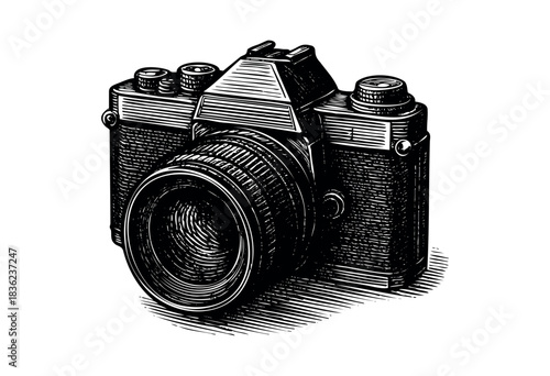 Vintage engraved illustration of a photo camera — stock vector.