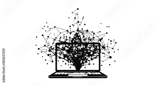 Digital network expands from laptop screen, symbolizing connection and data growth.