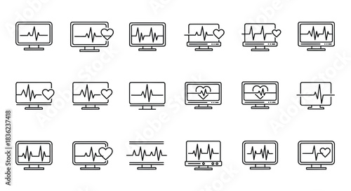 ECG heart monitor display icons showing pulse lines and heart symbols