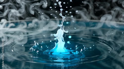 Close-up shot of a water splash creating ripples in blue water, with swirling vapor enhancing the ambiance