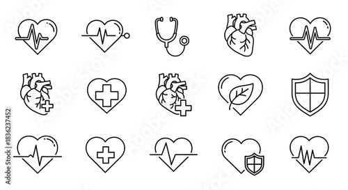 Heart health and cardiology icons representing care, monitoring, and medical protection