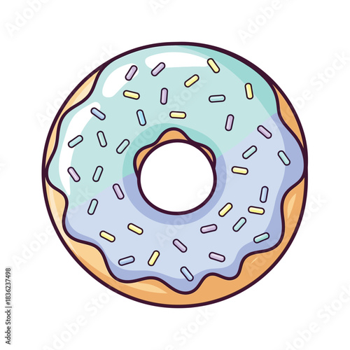 Delicious donut with blue frosting and colorful sprinkles illustration.