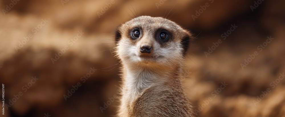 Obraz premium Alert meerkat standing upright on warm sandy ground observing carefully and attentively