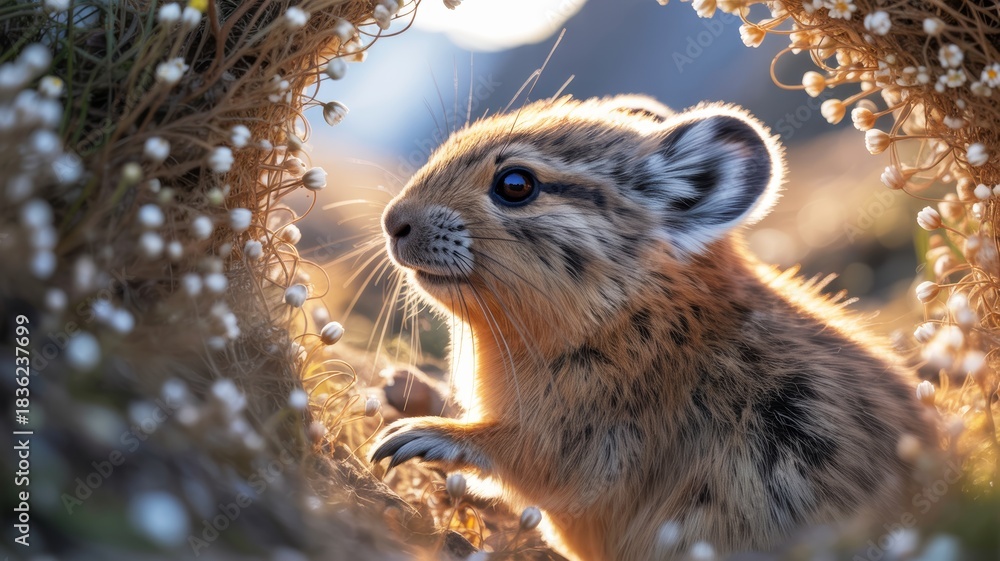 Obraz premium A cute pika peeks through a floral archway, illuminated by soft sunlight, showcasing its detailed fur and expressive features.