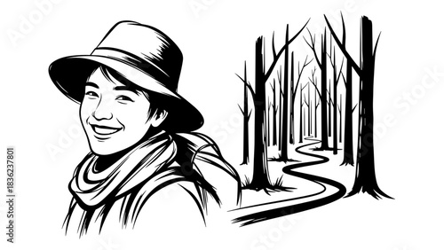 Traveler smiling near forest path 