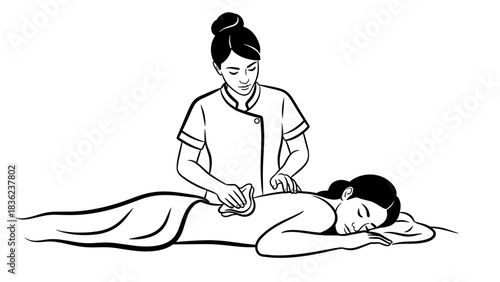 Therapist wiping oil from client's back during a massage session, relaxing atmosphere, line art illustration, copy space