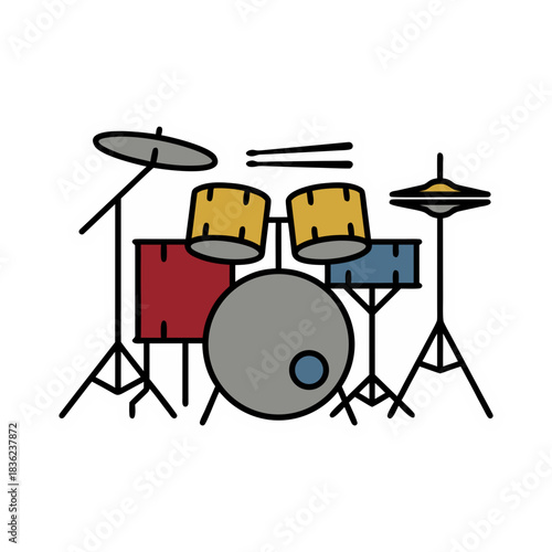 Minimalist Sticker Style Flat Vector Art Of A Drum Set With Yellow And Red Drums And Cymbals On A Black Background