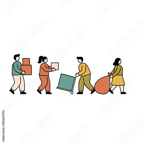 Minimalist Sticker Style Vector Art Depicting People Moving Boxes and Bags in Autumn Colors with Flat Design and Clean Lines