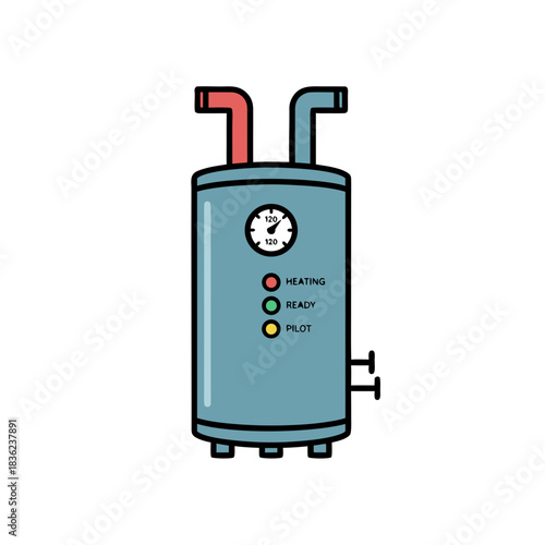 Minimalist Vector Art of a Blue Water Heater with Gauge and Indicator Lights Featuring Green Leaves and Opened Hazelnut Elements on a Clean Background