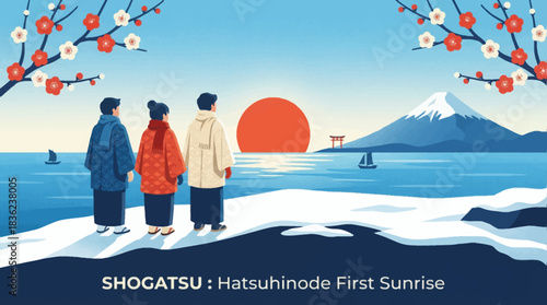 Japanese Hatsuhinode First Sunrise View with Mount Fuji Torii Gate and Group in Winter Kimono – Shogatsu New Year Scenic Poster Vector
