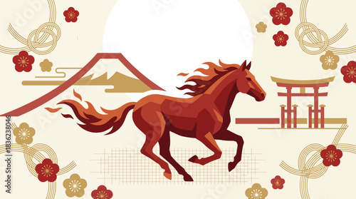 Japanese New Year Zodiac Horse Poster with Mount Fuji Torii Gate Plum Blossom and Mizuhiki Decoration – Modern Shogatsu Celebration Vector