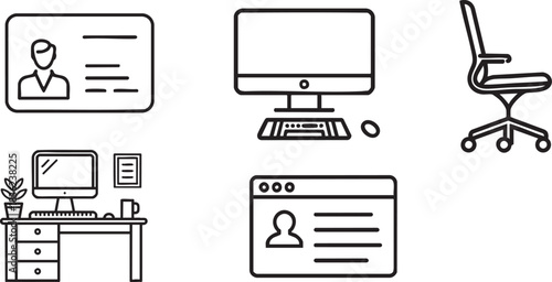 Minimalist line art icons of contemporary office elements: computer setup, ergonomic chair, desk with plant, id card, and web profile interface