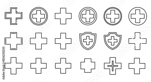 Medical cross and plus-sign icons in various outline styles for healthcare and first-aid themes