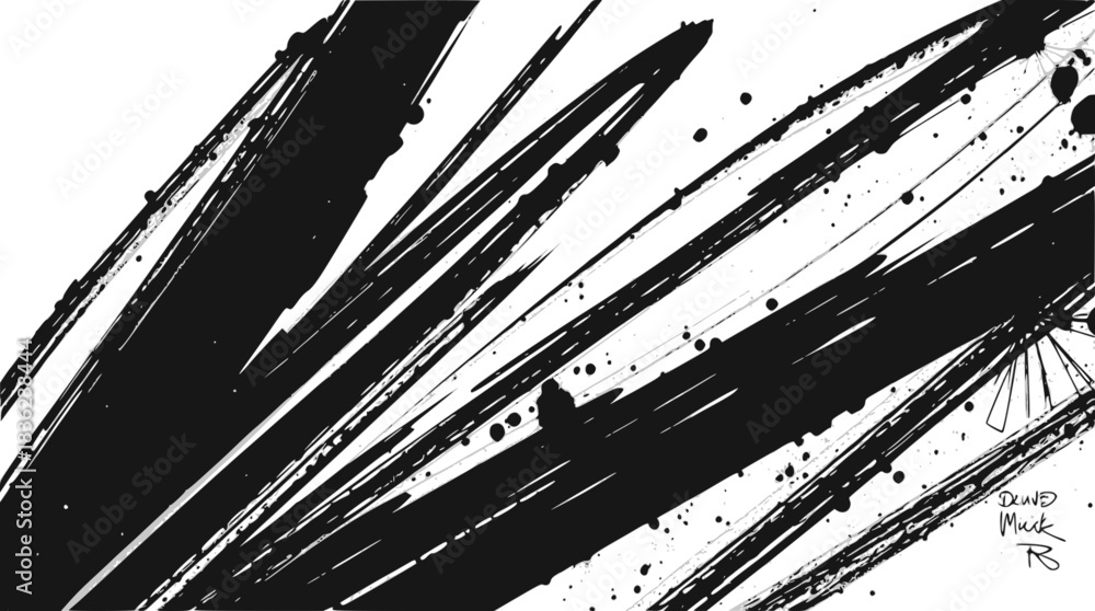 Obraz premium Dynamic black ink brush strokes on a white background, creating an abstract and expressive composition with diagonal lines and splatters.