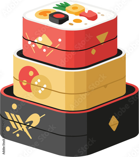 Japanese Osechi Ryori New Year Jubako Bento Box with Traditional Celebration Dishes – Shogatsu Festival Food Vector Illustration