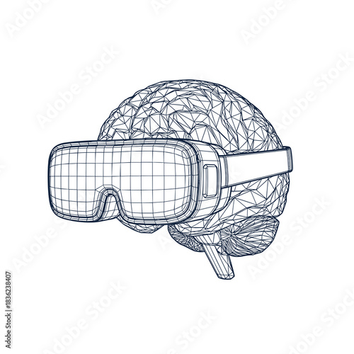 Brain wearing VR headset in digital wireframe style