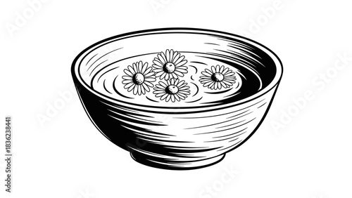 Bowl of water with chamomile blossoms floating, peaceful decor, line art illustration, copy space