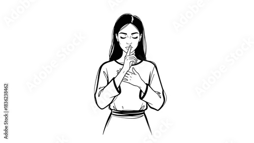 Woman making a shushing gesture, serene expression, line art illustration, copy space