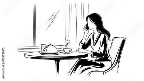 Woman on the phone enjoying a cup of tea with a covered meal in front of her, elegant setting, line art illustration, Woman ordering room service breakfast 