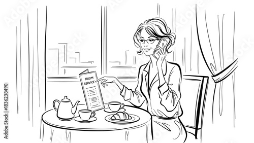Woman ordering room service breakfast while talking on the phone, cozy hotel vibe, line art illustration, copy space