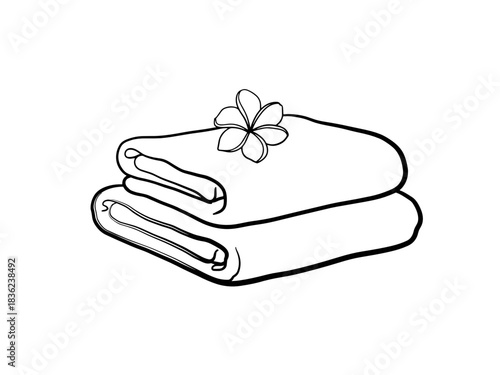 Stack of white towels adorned with a plumeria flower, minimalist design, line art illustration, copy space