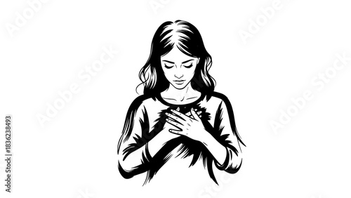 Woman in silence with her hands on her heart, serene expression, line art illustration, copy space