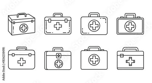 Set of eight first aid kit icons in black outline style for emergency and medical use