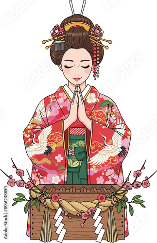 Japanese New Year Shogatsu Prayer Woman in Furisode Kimono at Shinto Shrine Offering Box – Traditional Culture Vector Illustration