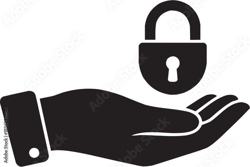 Security gesture icon set. Vector glyph pictograms of hand, padlock, privacy symbol, protection grip, access control black silhouette