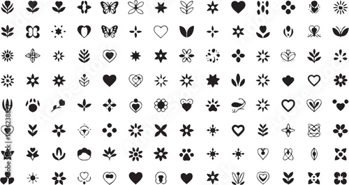 Heart shape icon set. Vector glyph pictograms of love heart, romantic symbol, emotional mark, affection design, decorative shape black silhouette