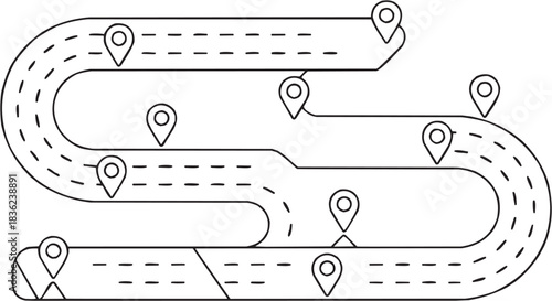 Map and route navigation icon set. Vector glyph pictograms of location pin, travel path, directional arrow, geographic symbol, journey mark black silhouette