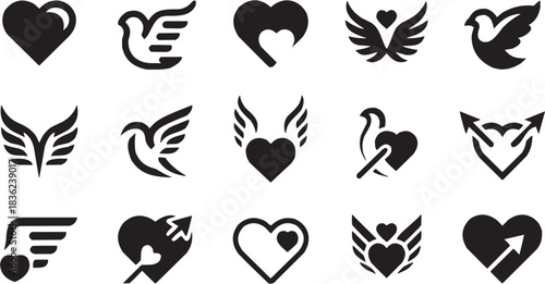 Heart and wing love icon set. Vector glyph pictograms of heart shape, flying wings, romantic symbol, affection mark, emotional design black silhouette