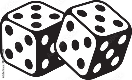 Dice and gaming icon set. Vector glyph pictograms of cube, number face, roll motion, chance symbol, play element, random shape, tabletop object black silhouette